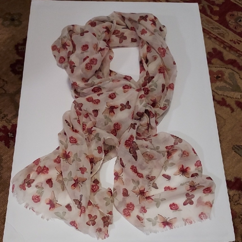 Milfluos Long Scarf White Pink Red Green Butterflies Roses Leaves Wrap Scarf
